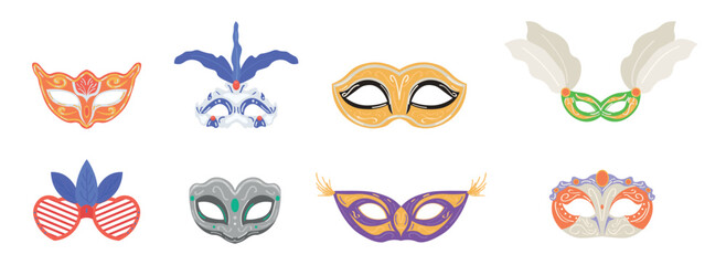 Collection of beautiful carnival masks on white background
