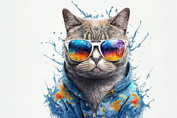 a Scottish cat sporting a summer outfit and sunglasses is shown in a songkran and summer season theme on a white backdrop. Generative AI