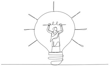 Cartoon of arab muslim businesswoman go inside light bulb to fix or invent new idea metaphor of entrepreneurship. Continuous line art style