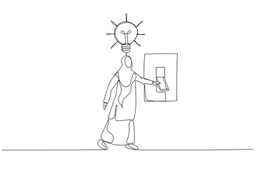 Cartoon of arab muslim businesswoman switching on the switch to turn on lightbulb lamp over his head concept of inspiration. Single line art style