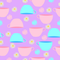 garden tea party feat cups and daisy seamless vector repeat pattern. Suitable for fabric, textile, decorations, wrapping, packaging and more.