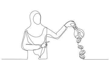 Drawing of arab muslim businesswoman hand shaking the lightbulb idea to earn money. Single continuous line art style