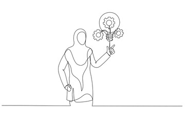 Illustration of arab muslim businesswoman presenting innovative lightbulb with cogs and gears concept of Innovation. Single continuous line art style