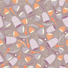 cups, plates, spoons and glasses seamless pattern. Cups, plates and spoons seamless vector repeat pattern.