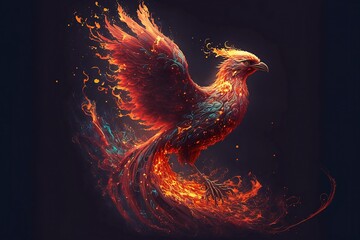 phoenix bird on fire digital art - obrazy, fototapety, plakaty