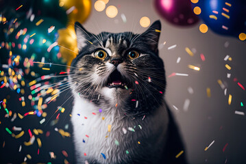 Cat at a party, confetti, celebration. Generative AI