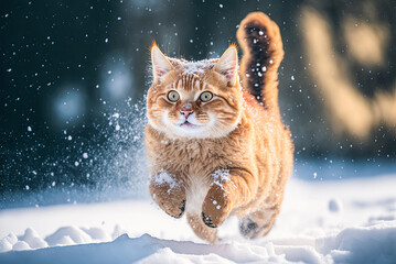 Cat running through the snow. Generative AI
