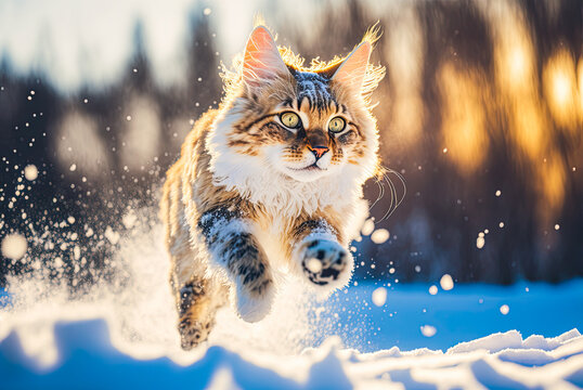 Cat Running Through The Snow. Generative AI