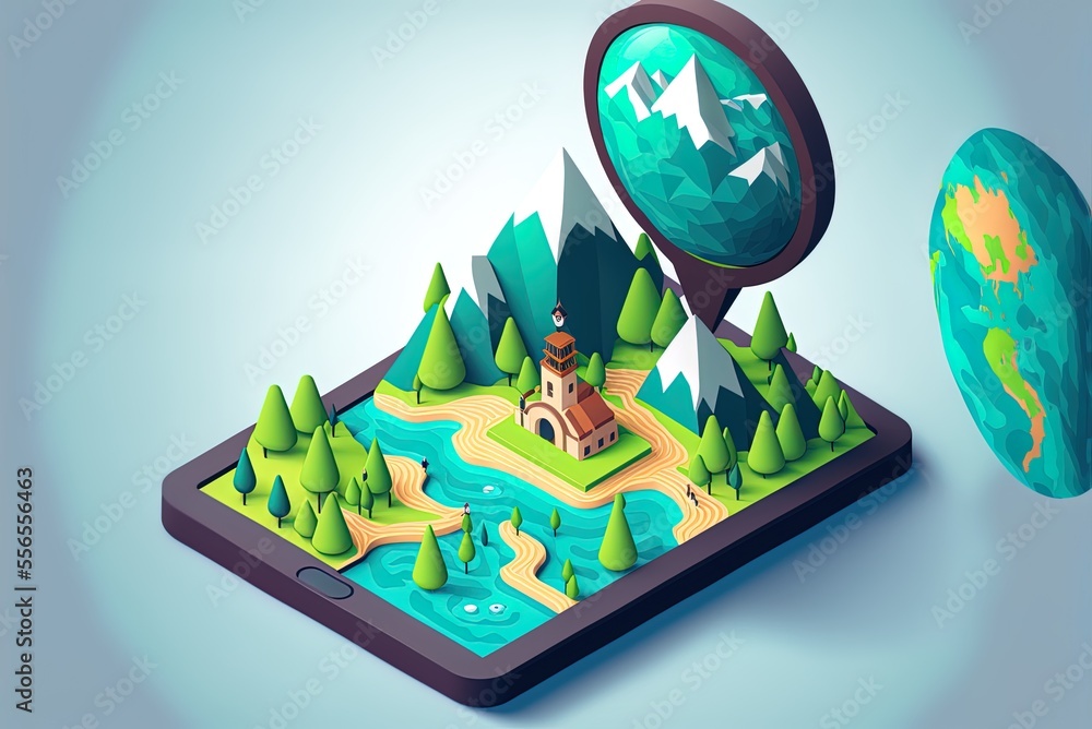 Poster illustration of an isometric gps navigation template complete with a mountainous route map and a poi