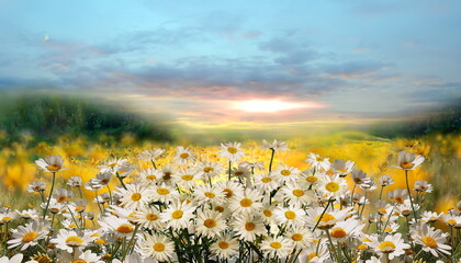  wild flowers chamomile and daisies white and pink on a green field with grass on sunset