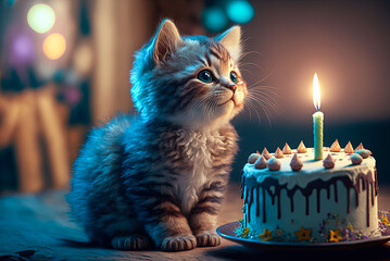 Kitten with a birthday cake. Generative AI