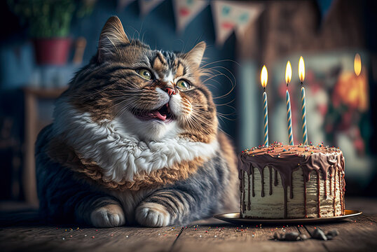 Cat with a birthday cake. Generative AI