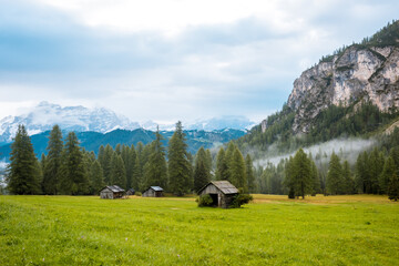 Rest place shelter in Dolomites Alps near Sella Ronda, Italy