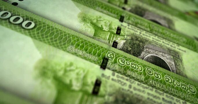 Sri Lanka money Sri Lankan Rupee banknote loop. LKR money texture. Concept of economy, business, crisis, banking, recession, debt and finance. Moving over note. Loopable seamless 3d animation.