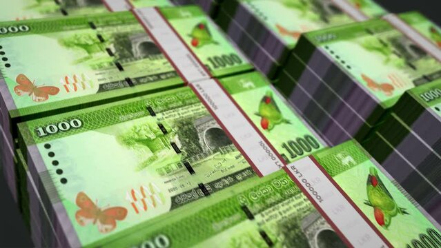 Sri Lanka money Sri Lankan Rupee money pack loop 3d animation. Loopable seamless concept of finance, cash, economy, business and bank. Camera moving over the 1000 LKR banknote bundle stacks.