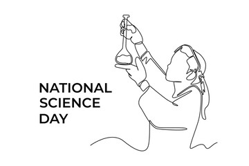 Continuous one line drawing scientific girl looking lab result in tube. Science day concept. Single line draw design vector graphic illustration. 