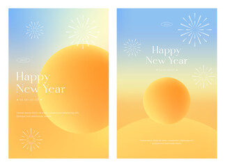 2023 Happy new year concept. Sun, firework. 3d effect abstract background. First sunrise, Minimal Modern layout, Gradient color. Web banner, poster, flyer, greeting card. Trendy vector illustration. - 556557645