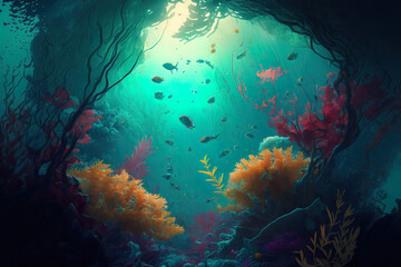 Fototapeta na wymiar a realistic underwater environment with flora. Generative AI