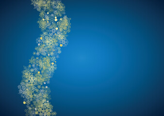 New Year frame with gold snowflakes on blue background. Horizontal Christmas and New Year frame for gift certificate, ads, banner, flyer, sales offers, event invitations. Glitter snow with sparkle