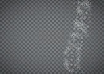 Isolated snowflakes on transparent grey background. Silver glitter snow. Horizontal Christmas and New Year design for party invitation, banner, sale. Winter window. Magic crystal isolated snowflakes