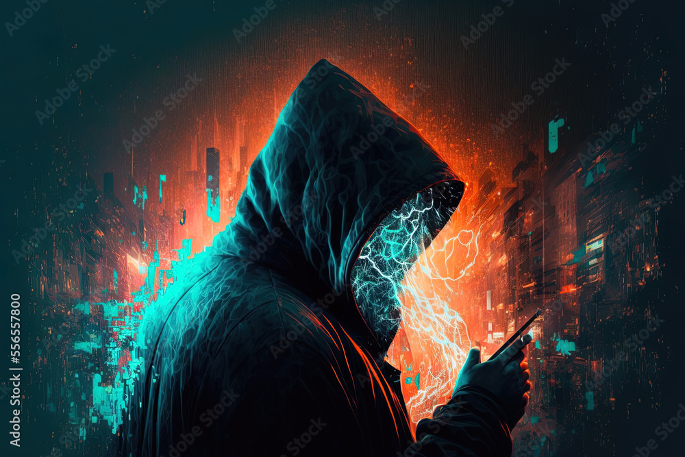 Poster using virtual reality and a glitch effect, a hacker in a hood launches an unidentifiable cyberattack