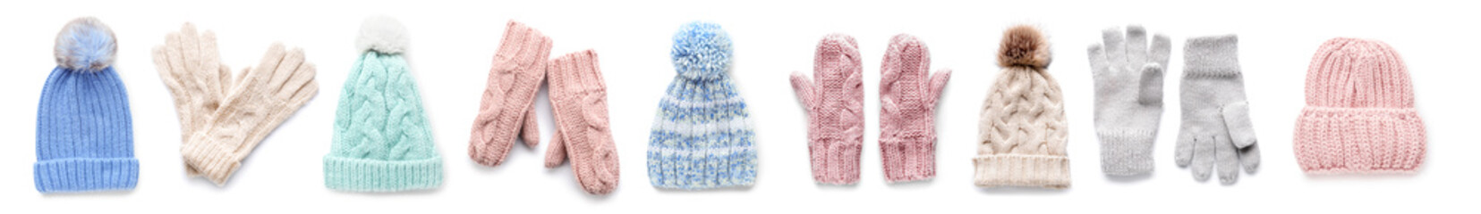Collage of stylish knitted hats, gloves and mittens on white background