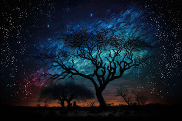 Obraz na płótnie Canvas Starry savannah sky at night with dark trees. Generative AI