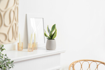Houseplant, blank photo frame and candles on shelf near white wall