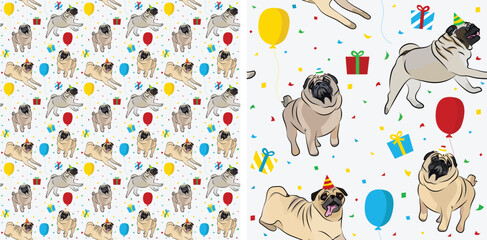 Happy Birthday Pattern with Pug dog in a party hat, seamless texture. Repeatable textile, wrapping paper, white background graphic design. Holiday wallpaper with sitting mops dogs, and confetti.
