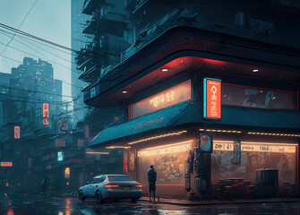 cyberpunk city, landscape, tech, neon, street, art illustration