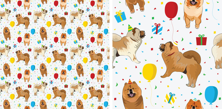 Happy Birthday Pattern with chow chow dog in a party hat, seamless texture. Repeatable textile, wrapping paper, white background graphic design. Holiday wallpaper with staying dogs, and confetti.