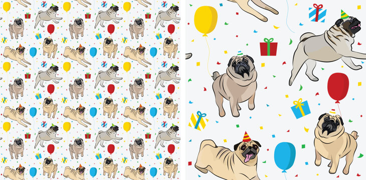 Happy Birthday Pattern with Pug dog in a party hat, seamless texture. Repeatable textile, wrapping paper, white background graphic design. Holiday wallpaper with sitting mops dogs, and confetti.