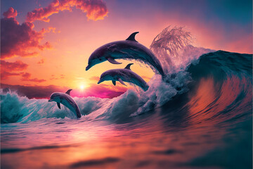 A group of dolphins splashing and playing in the waves by Generative AI - obrazy, fototapety, plakaty