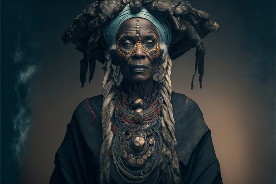 A beautiful old black woman with shaman costume by Generative AI