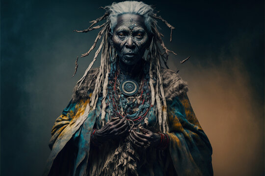 A beautiful old traditional African  woman with shaman costume by Generative AI
