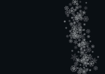 Silver snowflakes frame on black background. Horizontal shiny Christmas and New Year frame for gift certificate, ads, banners, flyers. Falling snow with glitter silver snowflakes for party invite