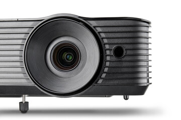 Black video projector on white background, closeup