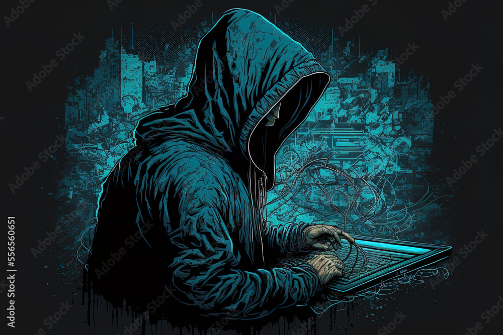Poster illustration of a hooded hacker conducting a cyberattack. generative ai