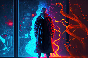 Illustrated in raster form are brilliant showcases. Blue and red neon studies in a lab setting horrible experiments by a doctor in a robe Rectangle gateways in cyberspace. Generative AI