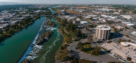 Aerial panoramic view of the waterfall in city of Idaho Falls, ID, USA.