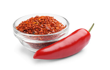 Bowl of chipotle chili flakes on white background