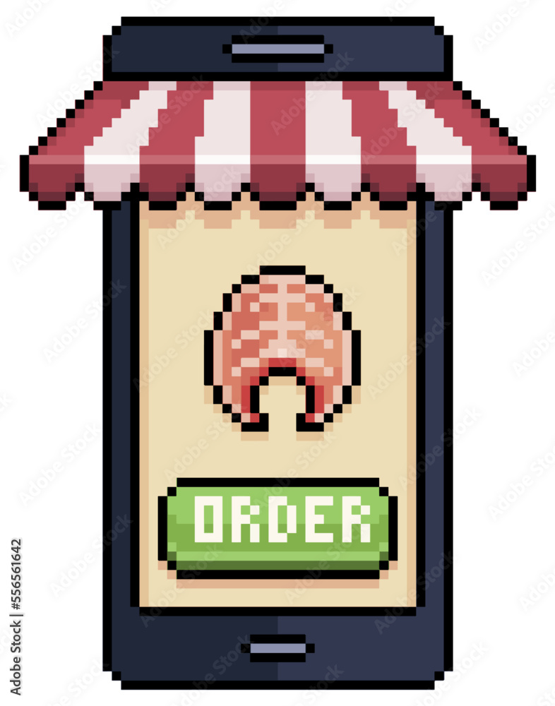 Poster pixel art mobile phone ordering salmon fillet in food app vector icon for 8bit game on white backgro