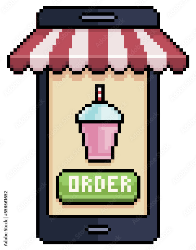Poster pixel art mobile phone ordering milkshake in food app vector icon for 8bit game on white background