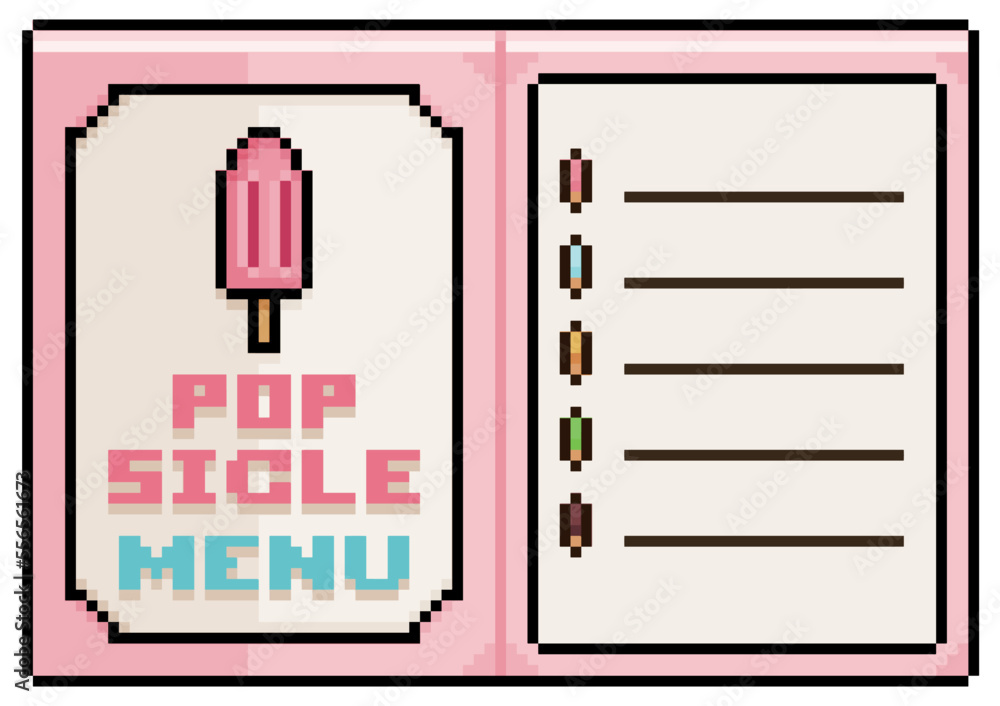 Poster pixel art popsicle menu, open paper menu vector icon for 8bit game on white background