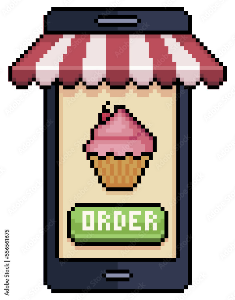 Poster pixel art mobile phone ordering cupcake in food app vector icon for 8bit game on white background