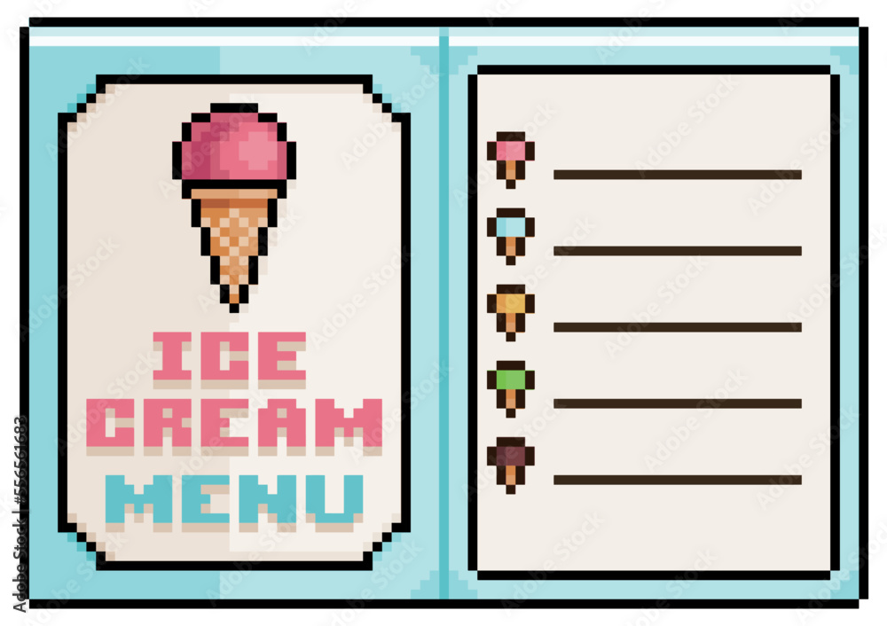 Poster pixel art ice cream menu, open paper menu vector icon for 8bit game on white background