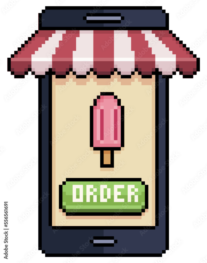 Poster pixel art mobile phone ordering popsicle in food app vector icon for 8bit game on white background