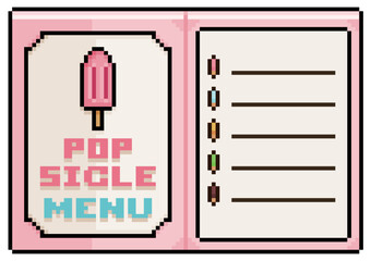 Pixel art popsicle menu, open paper menu vector icon for 8bit game on white background