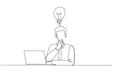 Cartoon of thoughtful businessman think of online project looking at laptop at workplace. One line art style