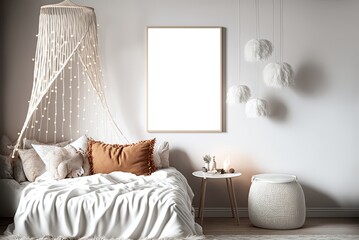 illustration of mock-up wall decor frame is hanging in cozy minimalism bedroom